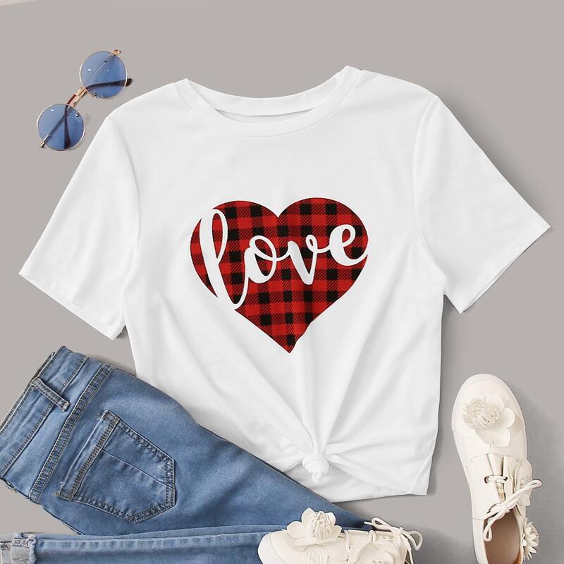 

Heart & Gingham Print Tee, White