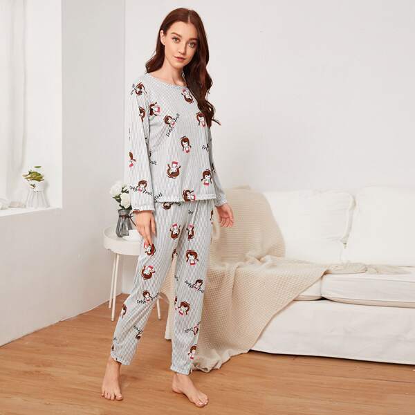 

Cartoon Print Striped Pajama Set With Eye Cover, Grey
