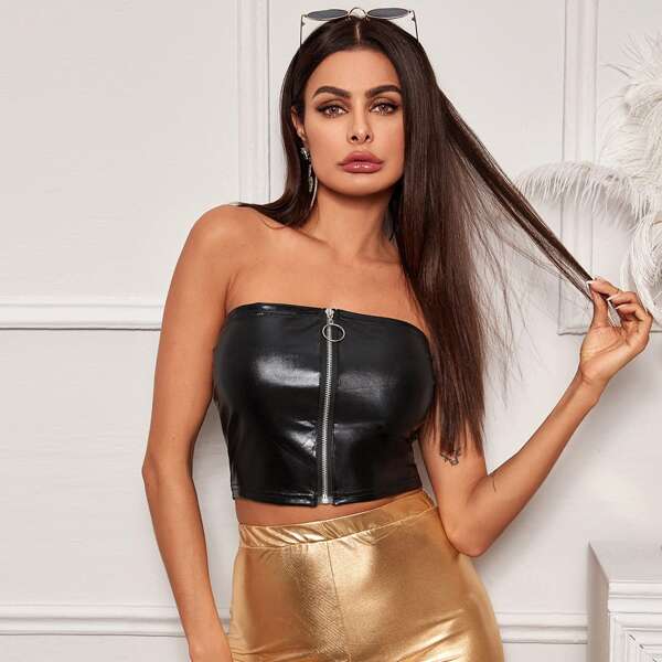 

Zip Front PU Leather Tube Top, Black