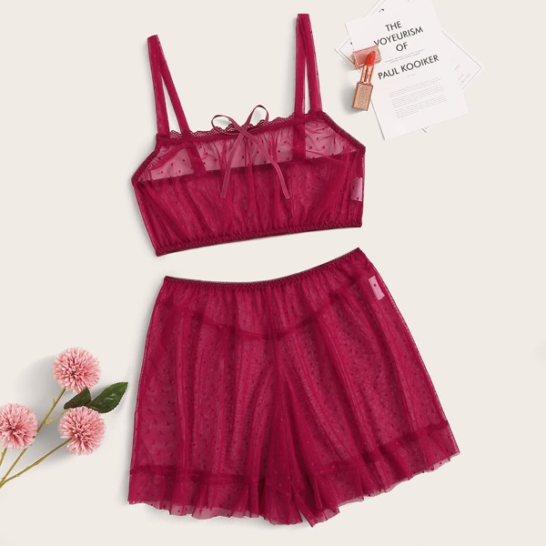 

Polka Dot Sheer Mesh Lingerie Set, Burgundy