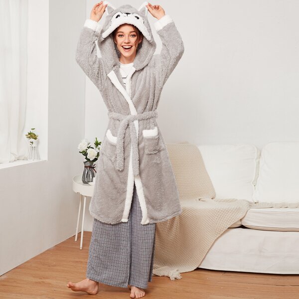 

Plush Animal Hooded Robe With Belt, Grey