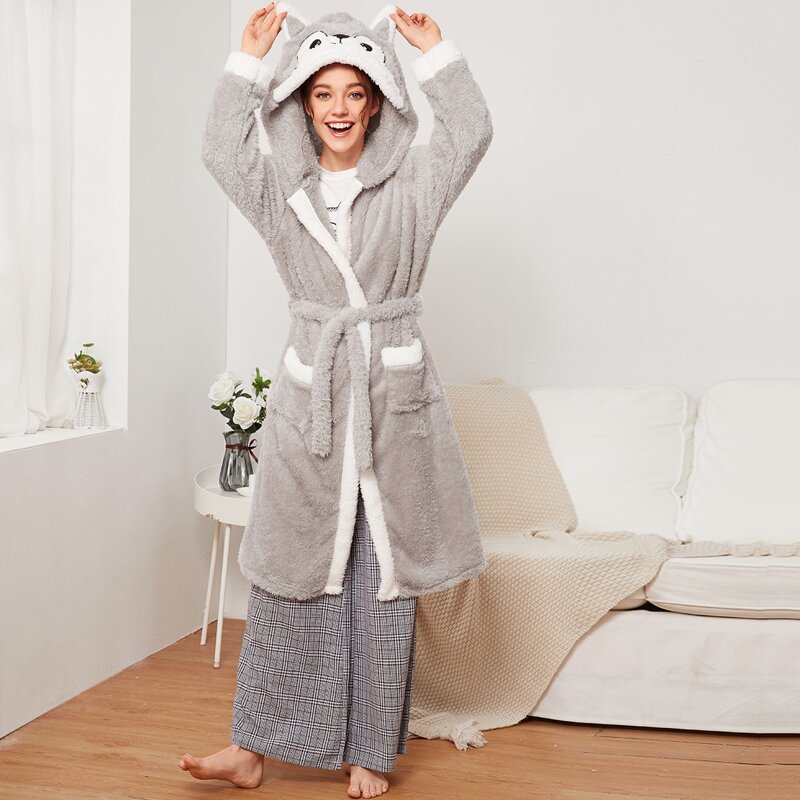 

Plush Animal Hooded Robe With Belt, Grey