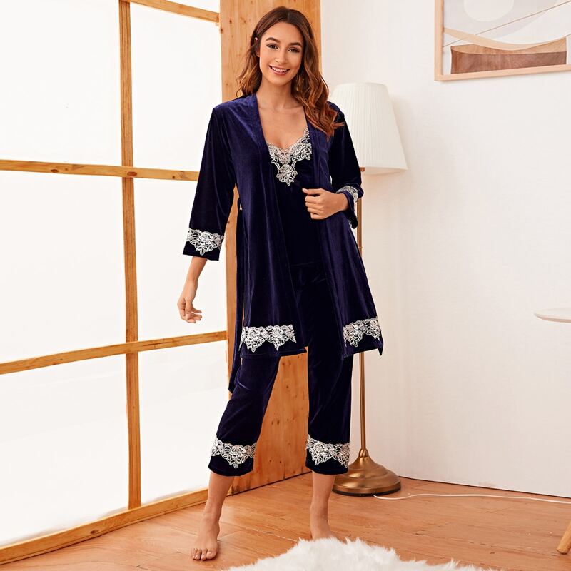 

4pack Contrast Lace Velvet PJ Set & Cami Night Dress & Belted Robe, Navy