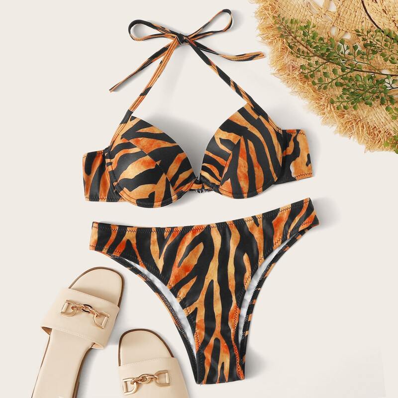 

Tiger Pattern Underwire Top With Cheeky Bikini Set, Multicolor