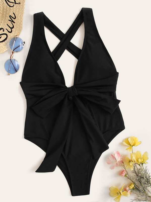 

Knot Front Criss Cross One Piece Swimwear, Black, Martsemyanava Darya