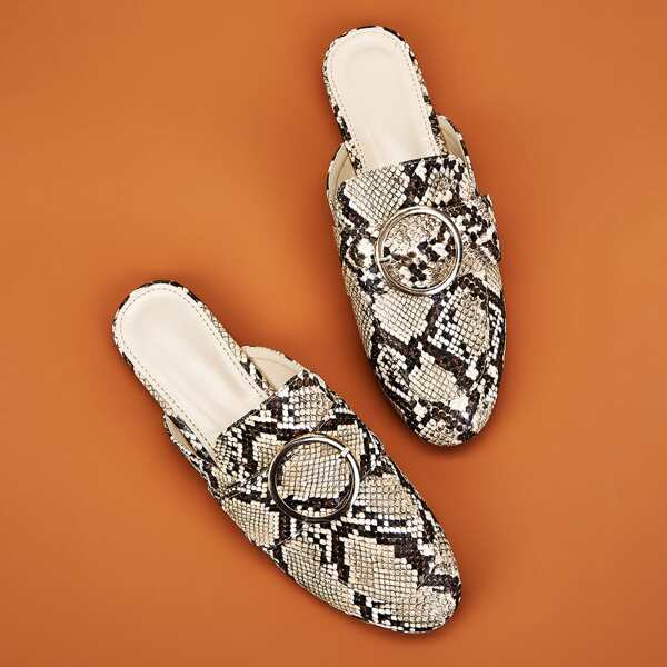 

Buckle Decor Snakeskin Flat Mules, Multicolor