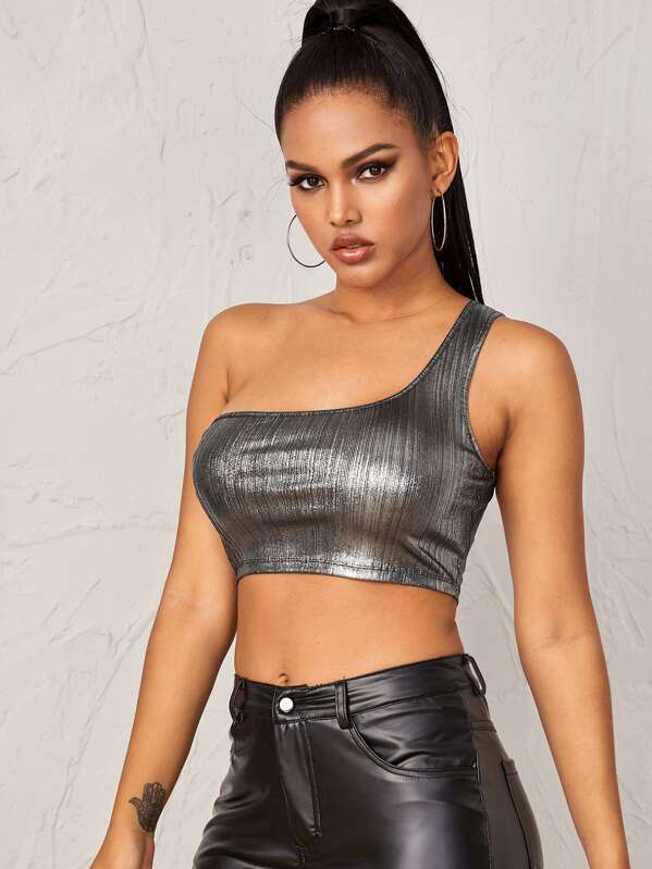 

One Shoulder Metallic Crop Top, Grey, Tina