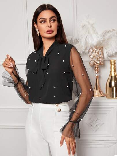 Contrast Mesh Pearls Tie Neck Blouse