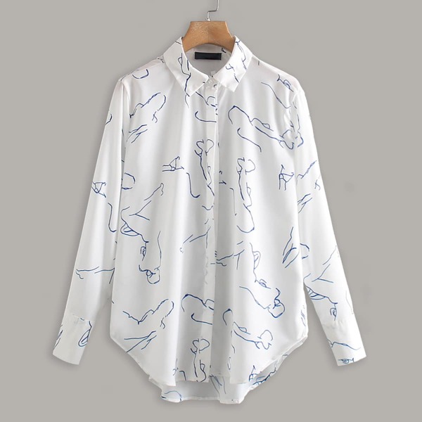 

High Low Curved Hem Graphic Pattern Blouse, White