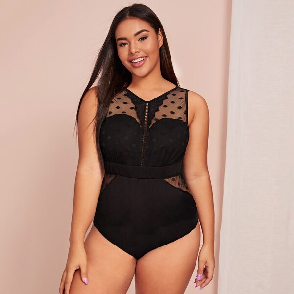 

Plus Polka Dot Sheer Teddy Bodysuit, Black