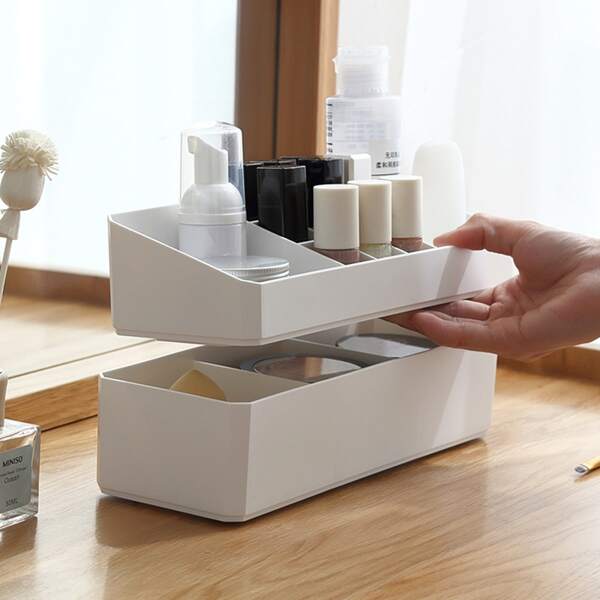

Double Layer Grid Cosmetic Storage Box, White