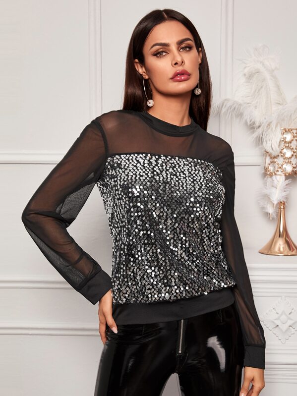 Contrast Mesh Sequin Panel Top, Black, Andy
