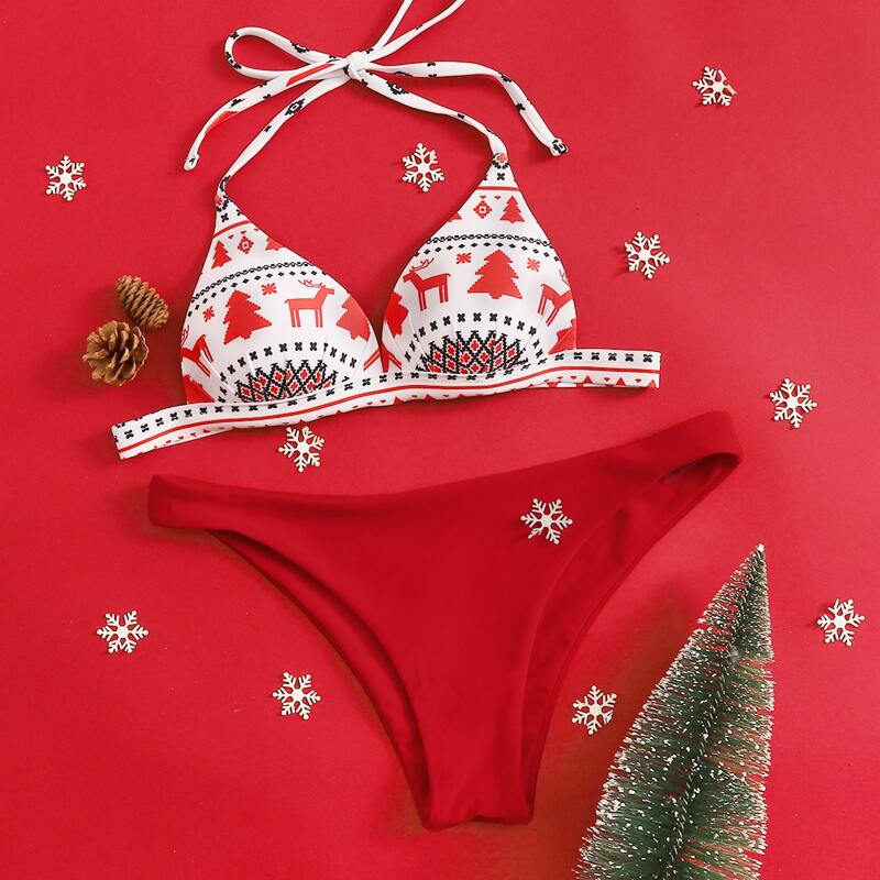 

Christmas Triangle Top With High Cut Bikini Set, Multicolor