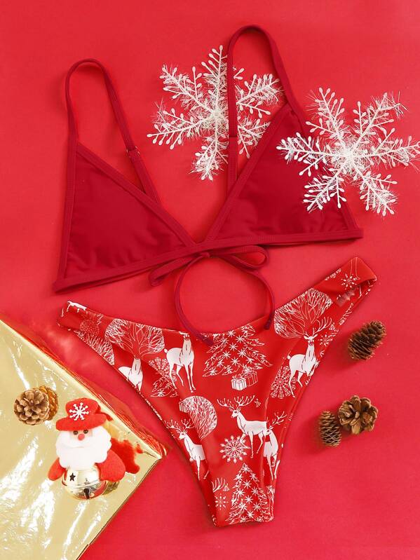 

Christmas Triangle Tie Back Top With High Cut Bikini Set, Red