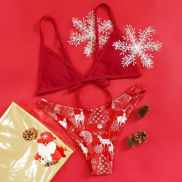 

Christmas Triangle Tie Back Top With High Cut Bikini Set, Red