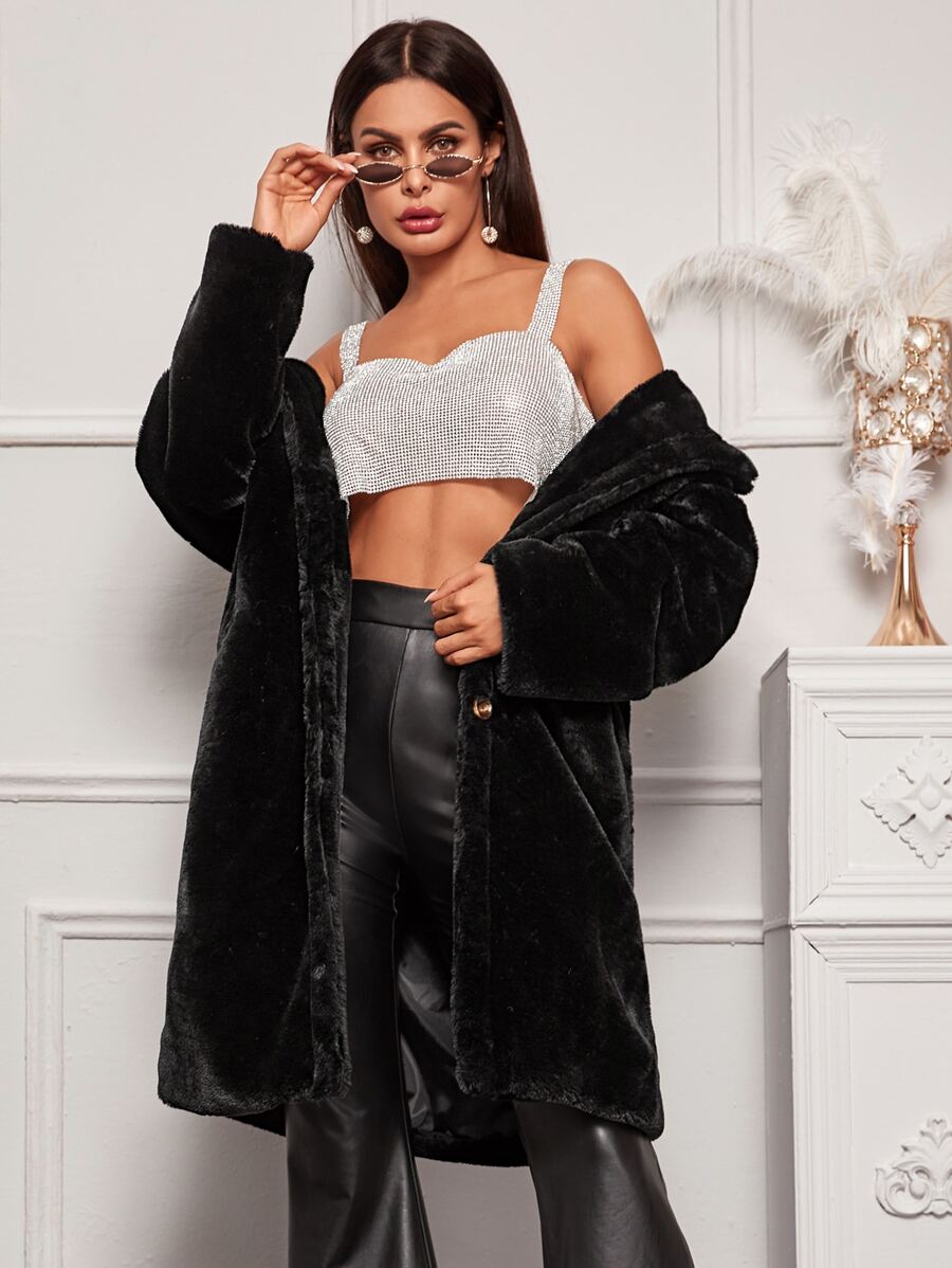 Lapel Collar Fuzzy Coat - Black - View 1