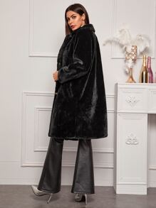 Lapel Collar Fuzzy Coat - Black - View 2
