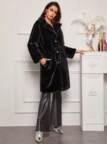 Lapel Collar Fuzzy Coat - Black - View 3