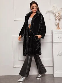 Lapel Collar Fuzzy Coat - Black - View 4