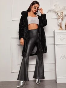 Lapel Collar Fuzzy Coat - Black - View 5