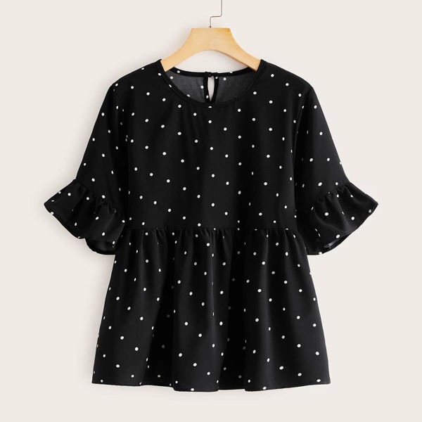 

Polka Dot Print Peplum Blouse, Black