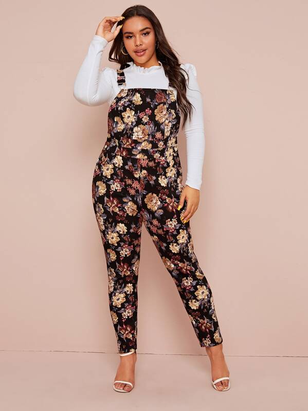 

Plus Floral Print Pocket Front Denim Overalls, Multicolor, Emilie