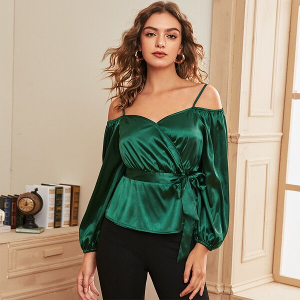 

Cold Shoulder Belted Satin Blouse, Green