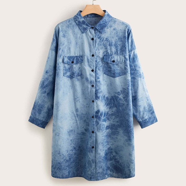 

Plus Tie Dye Button Up Denim Shirt Dress, Blue