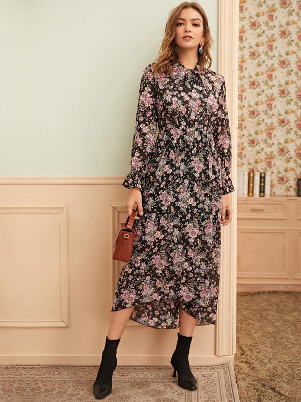 

Tie Neck Floral Print A-line Dress, Multicolor, Luiza