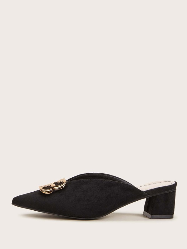 

Metal Decor Point Toe Chunky Heeled Mules, Black