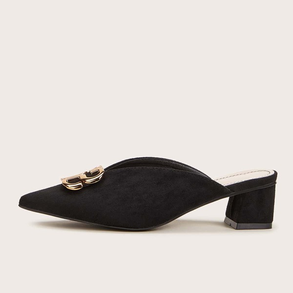 

Metal Decor Point Toe Chunky Heeled Mules, Black