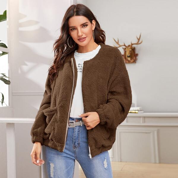 

Zip Through Pocket Front Teddy Jacket, Brown