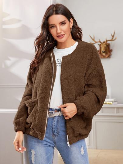 Zip Through Pocket Front Teddy Jacket