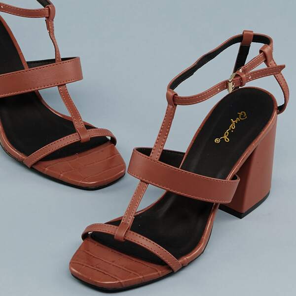 

Open Square Toe Multi Strap Chunky Heel Sandals, Brown