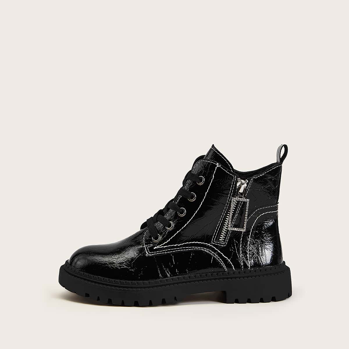 

Rhinestone Detail Side Zip Combat Boots, Black