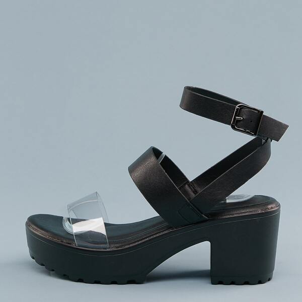 

Clear Band Ankle Wrap Platform Chunky Heel Sandals, Black