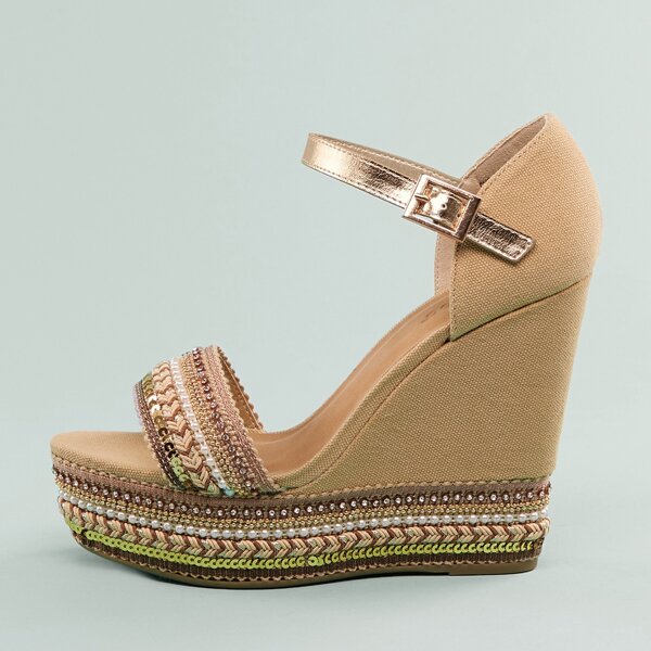 

Embellished Open Toe Buckled Ankle Platform Wedges, Camel