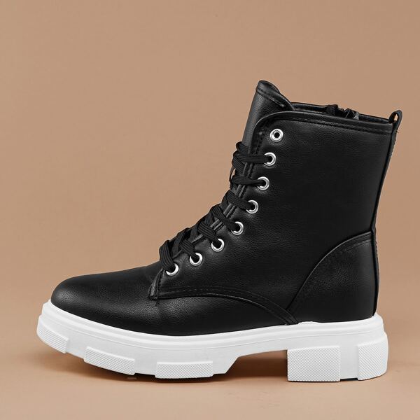 

Two Tone Lace Front Side Zip Combat Boots, Black