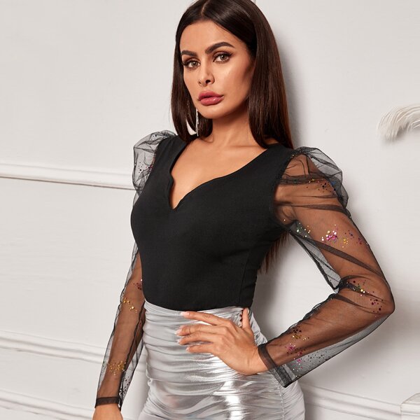 

Contrast Mesh Puff Sleeve Top, Black