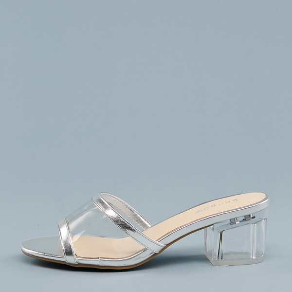

Metallic Open Toe PVC Band Lucite Heel Sandals, Silver
