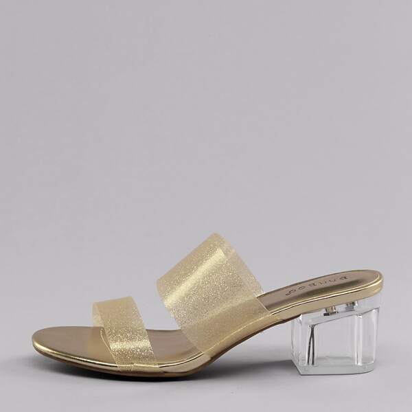 

Open Toe Glitter PVC Band Lucite Heel Sandals, Gold