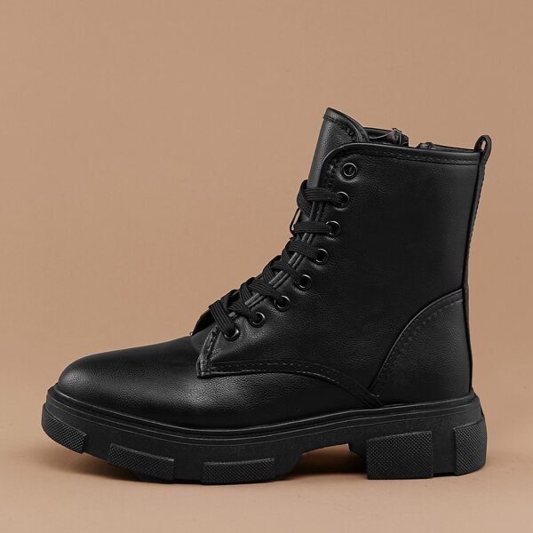 

Lace Front Lug Sole Side Zip Military Boots, Black