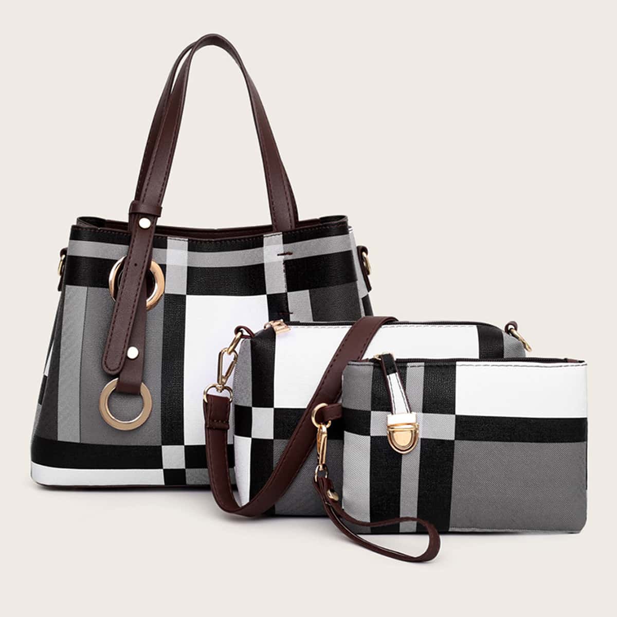 

3pcs Plaid Tote Bag With Crossbody Bag, Multicolor