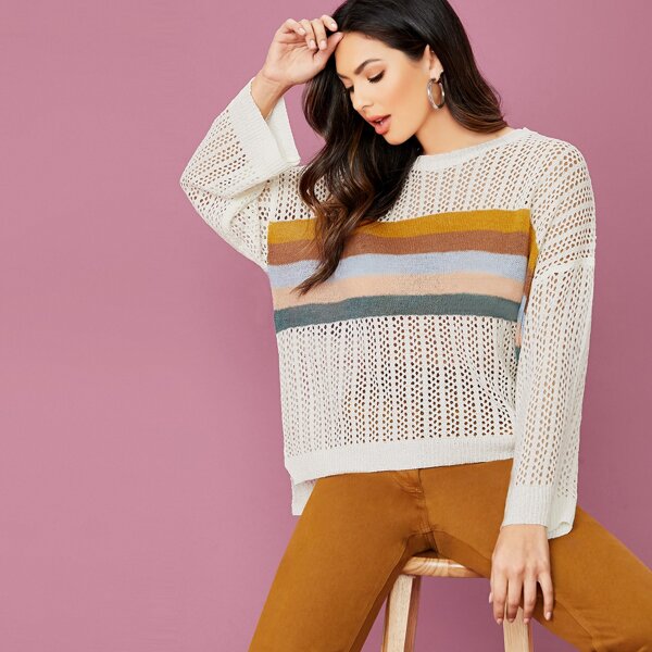 

Crew Neck Loose Knit Stripe Pullover Sweater, Multicolor