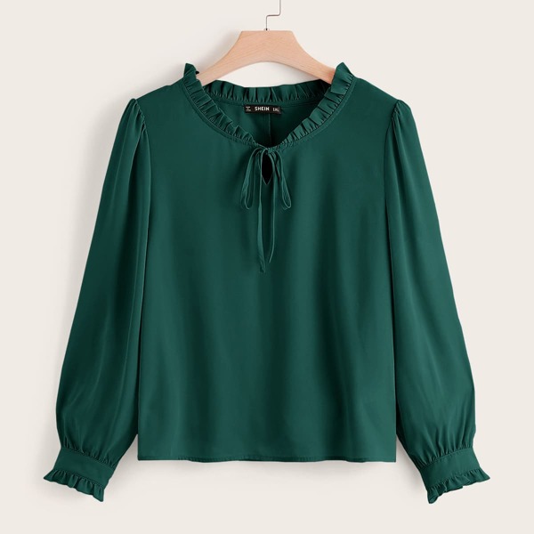 

Plus Frill Trim Tie Neck Top, Green