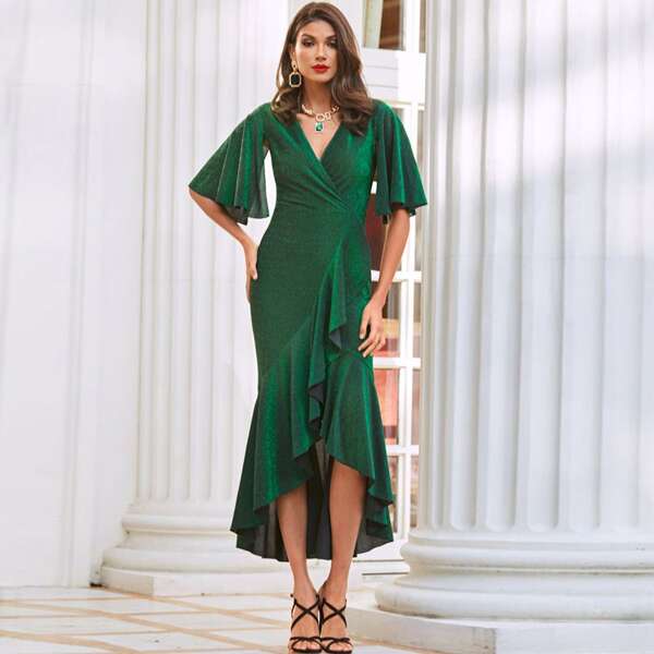 

Flutter Sleeve Asymmetrical Ruffle Hem Glitter Dress, Dark green