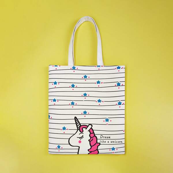 

Unicorn Pattern Striped Book Bag, White