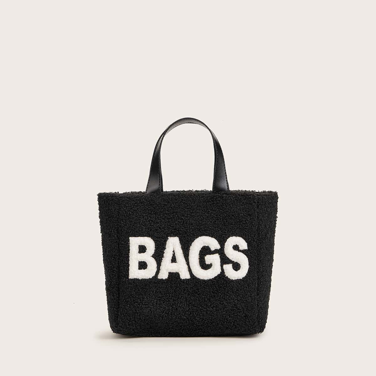 

Faux Fur Letter Graphic Satchel Bag, Black