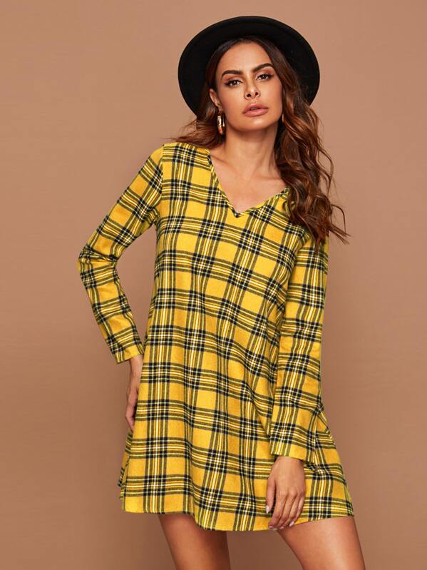 

V-Neck Plaid Dress, Yellow, Andy