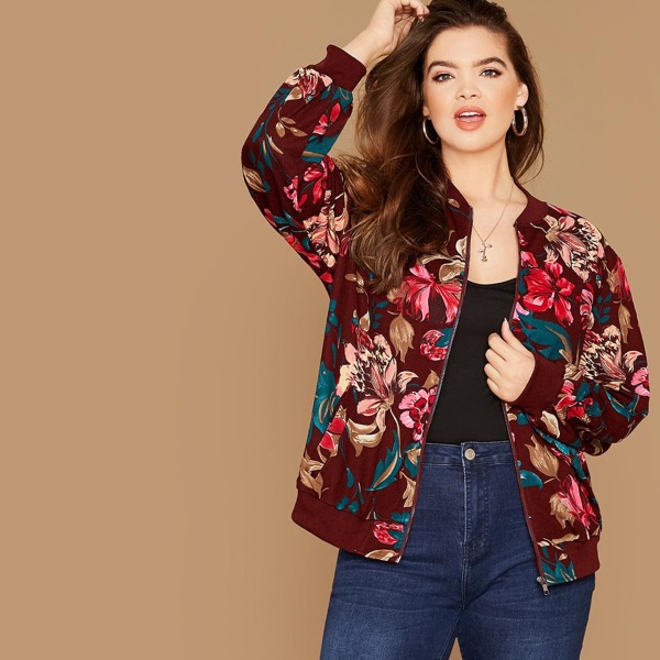 

Plus Zip Up Floral Print Bomber Jacket, Multicolor